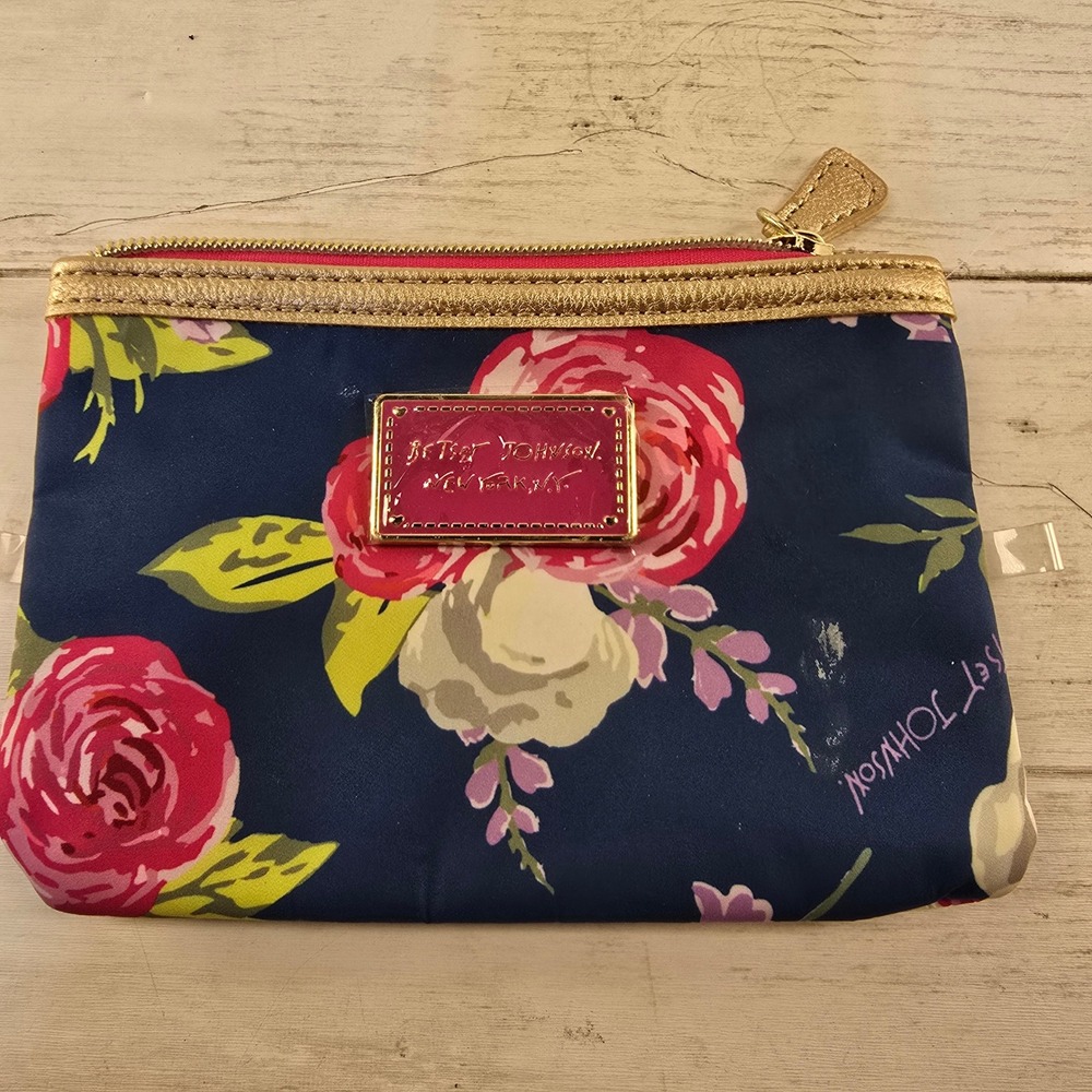 Betsey Johnson Floral Makeup Bag Navy Blue Pink Rose Gold Trim Zipper Pouch